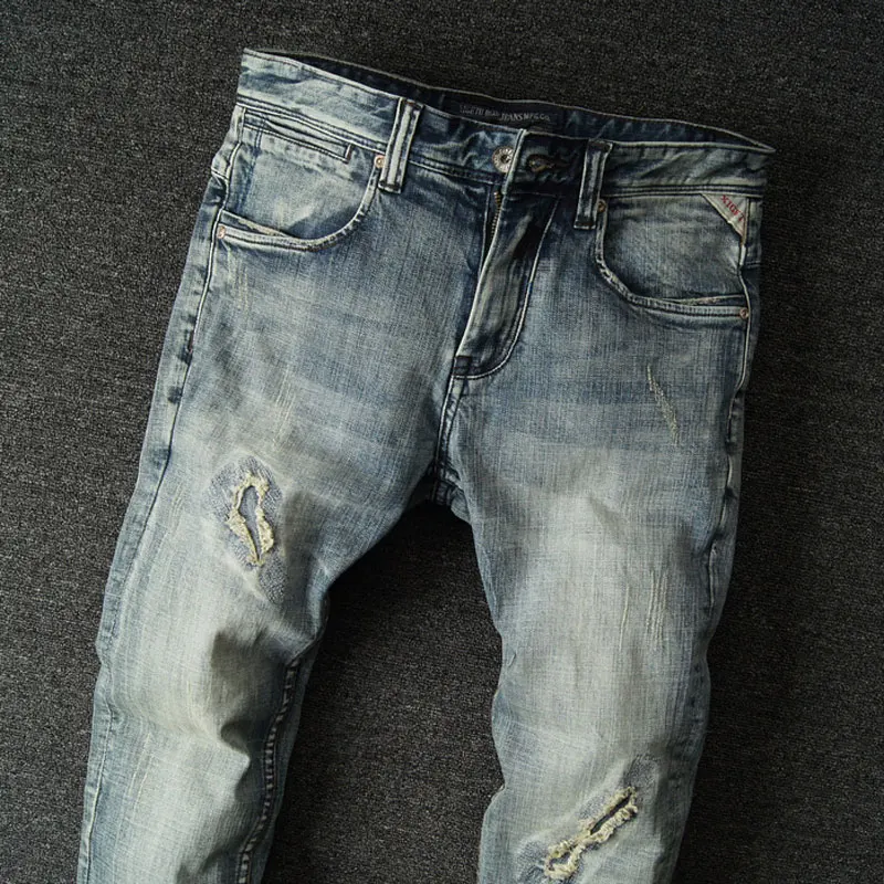 European Vintage Fashion Men Jeans Retro Gray Blue Elastic Slim Fit Ripped Jeans Men Patchwork Designer Casual Punk Denim Pants