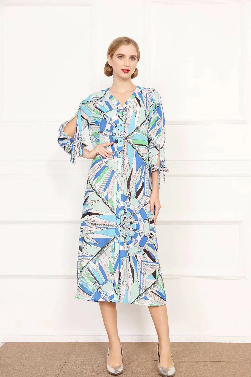 

Women's Runway Dresses Sexy V Neck Long Sleeves Printed High Street Fashion Split Loose Designer Autumn Robes