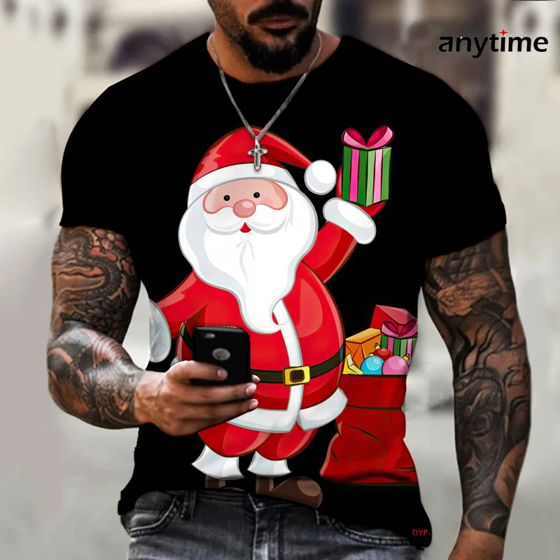 

2021 T Shirt for Men Merry Christmas Theme Clothing Cartoon Print New Year T-Shirt Harajuku Fashion Oversized Round Neck Top Tee