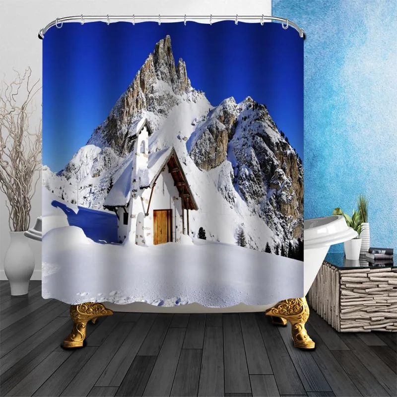 

100% Polyester Fabric Custom Winter Snow House Shower Curtain Modern Bathroom Curtain Waterproof HD Printing Bath Curtain