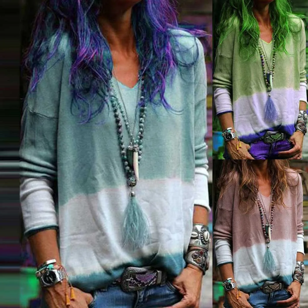 

Женская футболка с v-образным вырезом, хлопковая футболка с длинным рукавом, модная футболка с галстуком и крашеным принтом, Футболка Harajuku ...