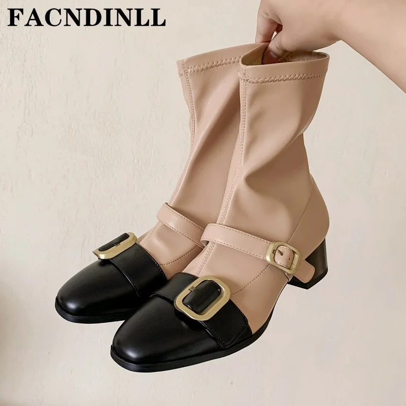 

Ladies Shoes 2021 New Brand Metal decoration Buckle Spring Autumn Thick Med Heels Round Toe Dress Office Shoes Woman Ankle Boots