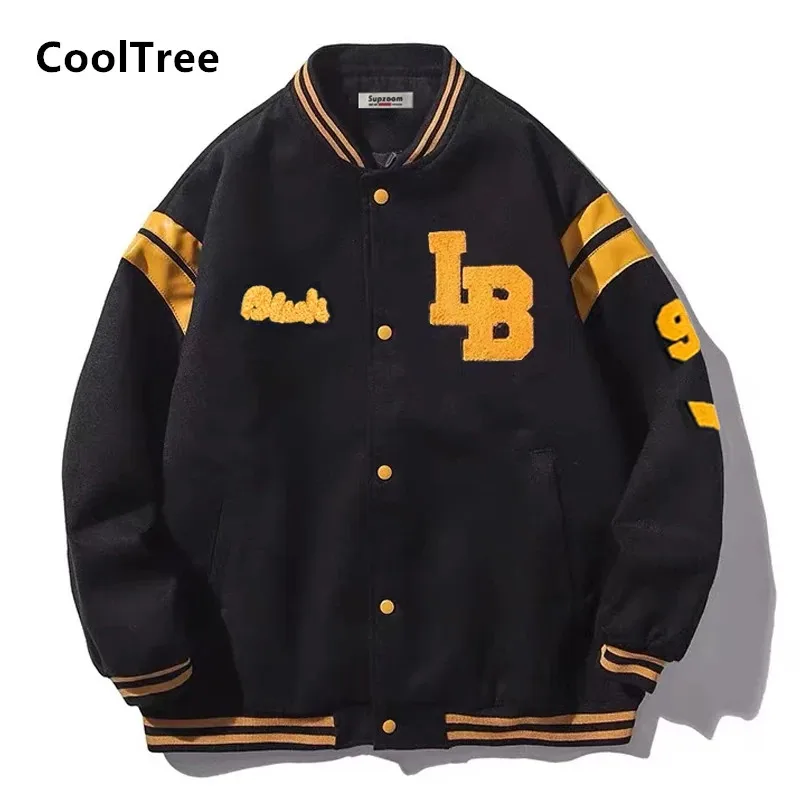 

CoolTree Men Women Baseball Jacket Autumn Winter Letter printing Single-breasted Bomber Coats Couple Loose Outerwear Streetwear