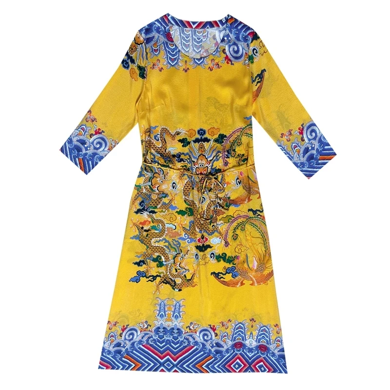 

2021 Chinese Style Noble Print M- 3XL Plus Size Maxi Dress Spring Autumn Vintage Mulberry Silk Dress Women Elegant Vestidos