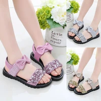 girls pu sandals new fashion korean soft bottom bow princess shoes big children flat bottom little girl sequin beach shoes