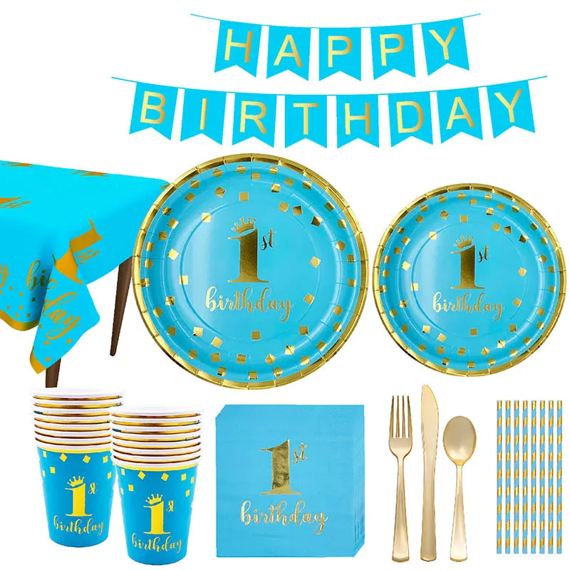 

1pack Blue 1st Birthday Paper Plate Cup Napkins For Kids Girls Baby Shower First Years Disposable Straw Decor Party Supplies