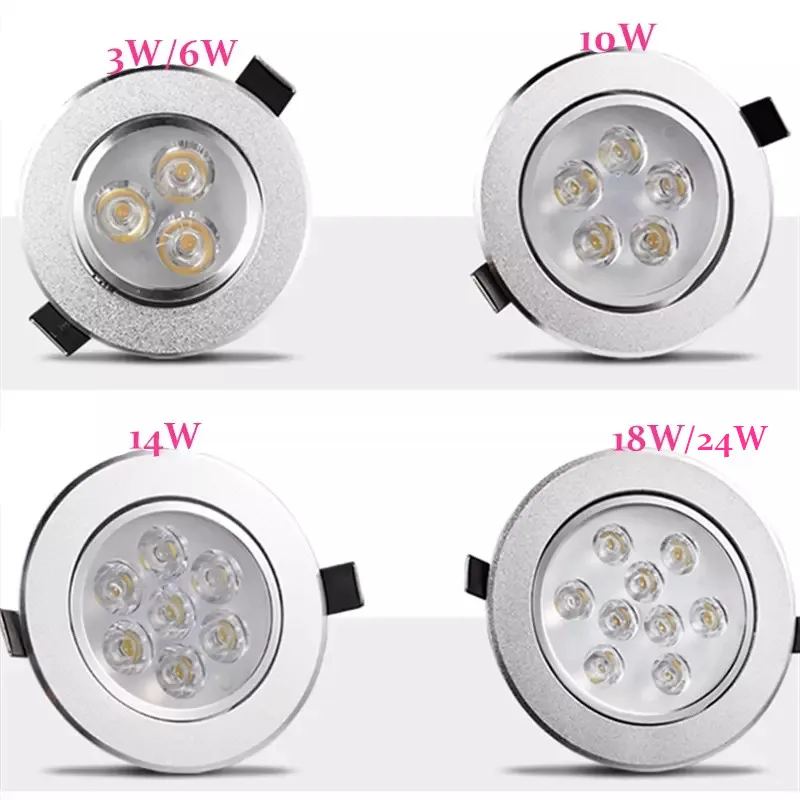 Luz descendente de LED regulable redondo, lámpara de techo LED empotrada de 3W, 6W, 10W, 14W, 18W y 24W, iluminación interior de AC85-265V