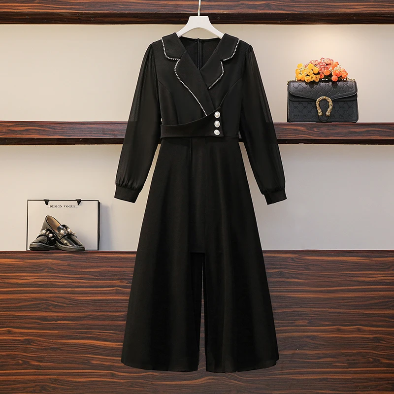 

Женское черное асимметричное платье, элегантное платье-блейзер составного кроя из двух предметов с бисером, отложным воротником и длинным ...