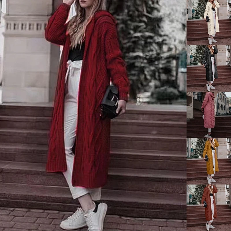 Женский кардиган с капюшоном однотонный длинный свитер открытым спереди |