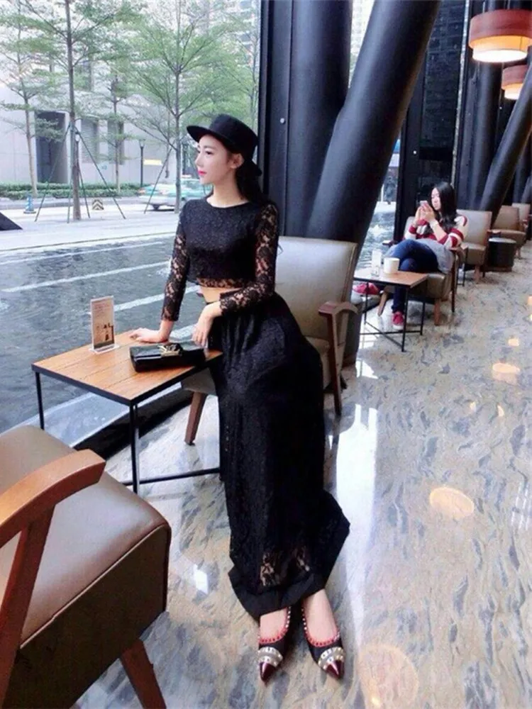 Free Shipping 2021 New Fashion Plus Size S-10XL Summer Sexy Lace Twinset Perspective Short Tops And Long Maxi Skirt Customized |