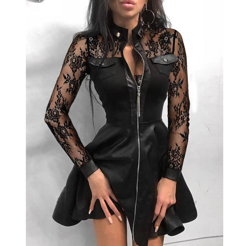 

Women Slim Cool Dresses Sexy Stand Collar Print Zipper Long Sleeves Mini Dress Casual Autumn Winter Fashion Ladies Pocket Dress