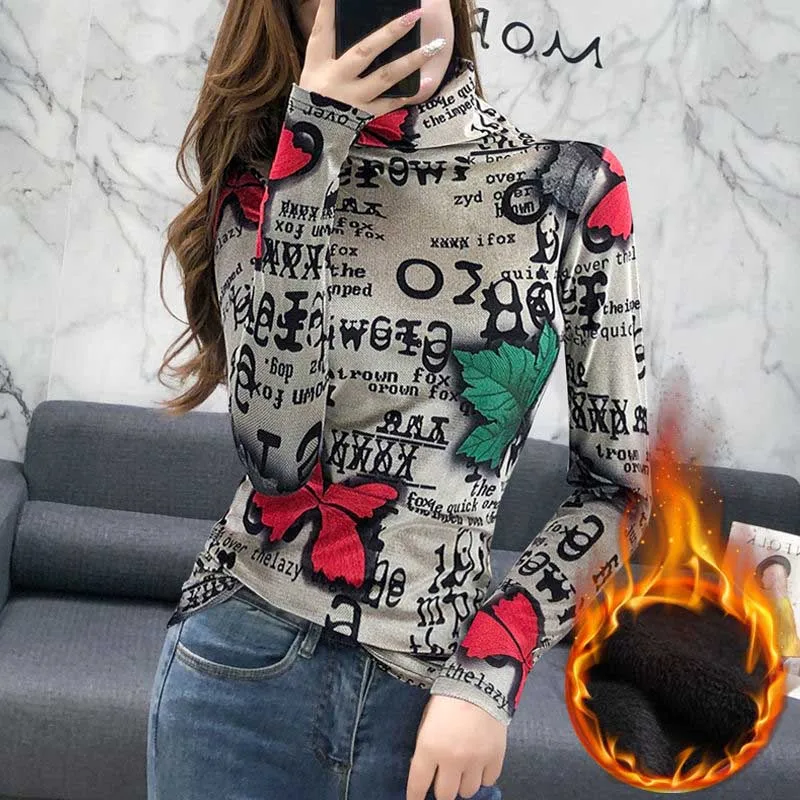 

autumn winter turtleneck long sleeve pullovers tops t-shirts for women women's fashion t-shirt with Maple leaf printed t shirt