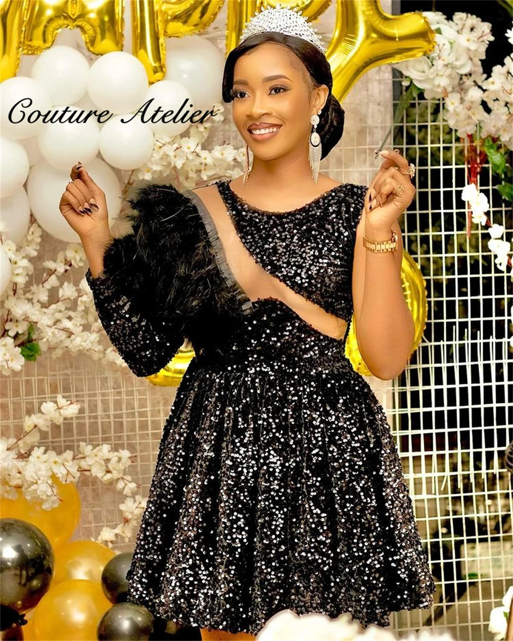 

Black Feathers Prom Dresses Luxury A Line Homecoming Dress Sequin Mini Cocktail Gowns robe de bal