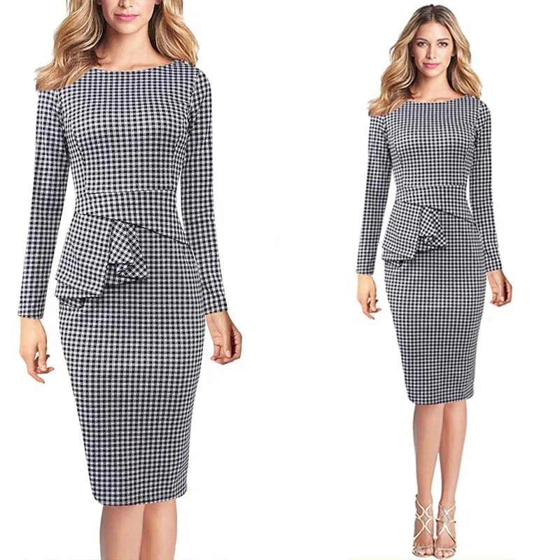 Black White Tartan 2 Vfemage, Женская Осенняя Элегантная туника с оборками и баской, с рукавом 3/4, винтажная одежда для работы, деловые, вечерние, стрейч, облегающее платье-футляр, 1196 - Цвет: Black White Tartan 2