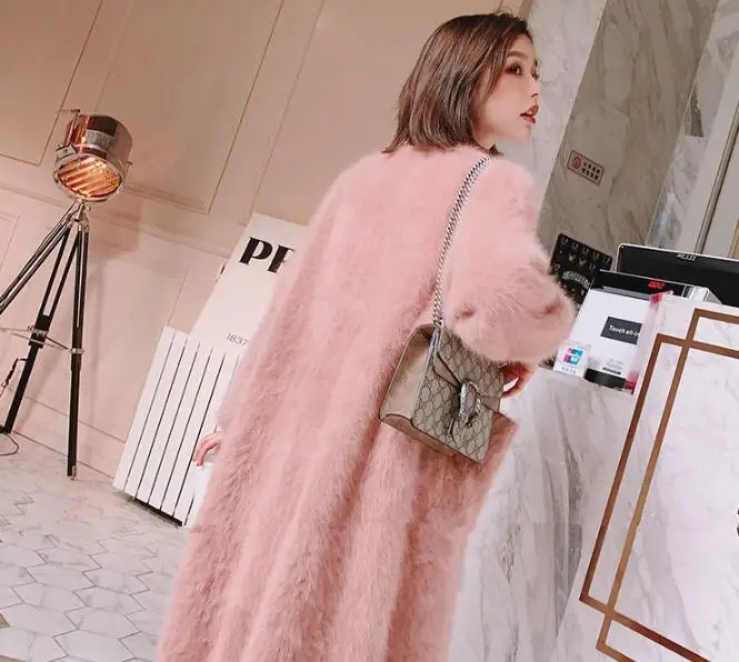 Осенне-зимняя женская Ангорская кофта с кроликами, длинный свитер, свободный, модный, с жемчужным карманом на пуговицах, очень плотный, сохраняющий тепло, wsr685