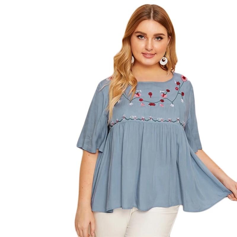 Dotfashion/женская блузка с вышивкой спереди, большие размеры,, Осенние повседневные блузки с открытыми плечами, топ с оборками
