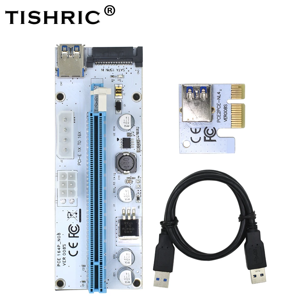 

100PCS TISHRIC PCIE PCI-E Riser Card 008s VER008S 3 in 1 Molex 4Pin SATA 6PIN 1X 16X USB3.0 PCIE PCI Express BTC Mining Miner