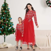 red color mommy and dress long sleeve plaid mesh maxi dresses for mother daughter spring fall christmas family matching outfit