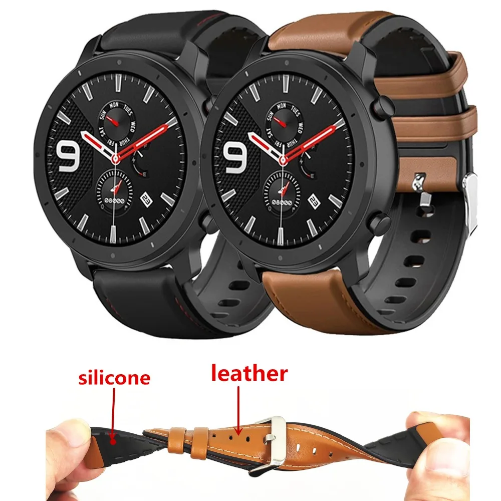 Ремешок кожаный и силиконовый для смарт часов Amazfit GTR 47 мм 42 Bip/AMAZFIT Pace Stratos 2 2s