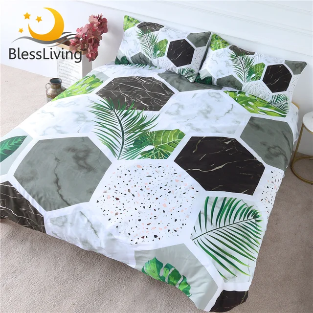 BlessLiving Marble Bedding Modern Terrazzo Duvet Cover 3 Pieces Tropical Green Palm Leaves Bedspread Geometric Bed Set Wholesale 1