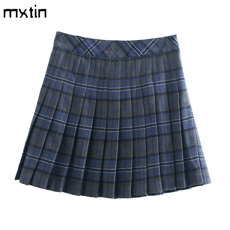 

Винтажная шикарная плиссированная короткая юбка в клетку 2021, модная трапециевидная Дамская мини-юбка на молнии сзади, уличная одежда в япон...