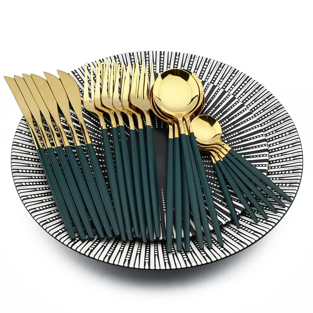 24Pcs Stainless Steel Dinnerware Set Kitchen Green Gold Cutlery Knife Fork Spoon Flatware Tableware Minimalist Silverware | Дом и сад