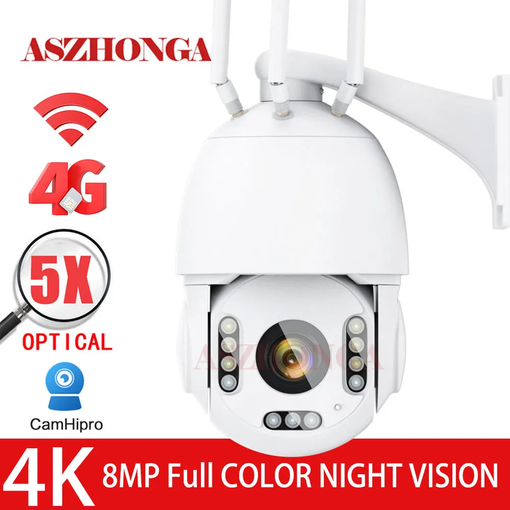 

4G WIFI 4K Security IP Camera Wireless 5X Optical Zoom 8MP HD Outdoor PTZ Dome Surveillance Cam Color Night Vision CamHipro APP