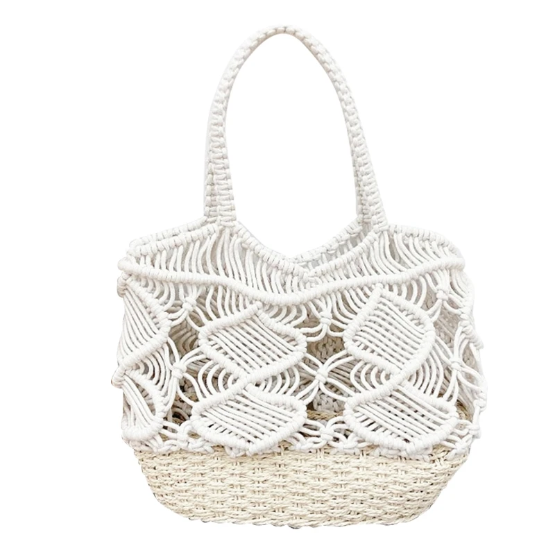 

50LD Women Woven Cotton Rope Beach Tote Bag Crochet Hollow Out Shoulder Handbag Bohemian Travel Fishing Net Shopping Purse