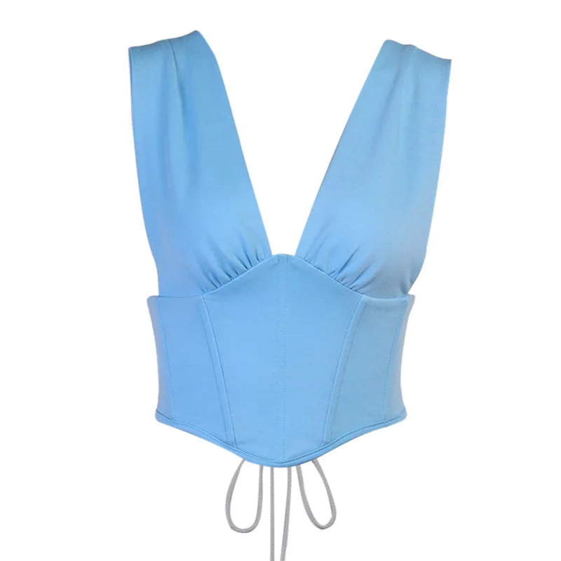 

Summer 2021 Fashion Sexy Backless Deep V-Neck Crop Blue Tops for Women Boned Sleeveless Lace Up Top Female Cropped Top Indie