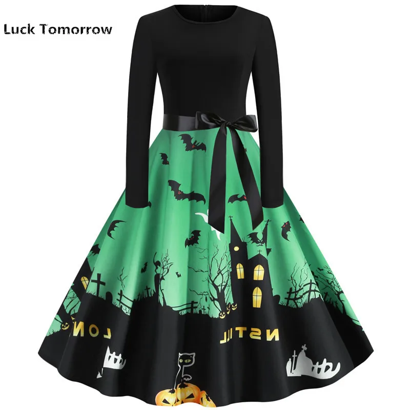 Женское платье с длинным рукавом зеленое в стиле 50-60-х годов тыквой черепом на