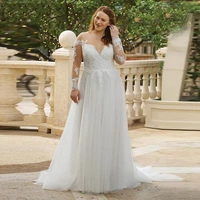 long sleeves a line tulle plus size wedding dress lace appliques bridal gown back button vestido de noiva
