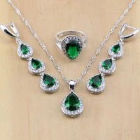 water drop sterling silver jewelry green created emerald white cz jewelry sets women earringspendantnecklacerings t131