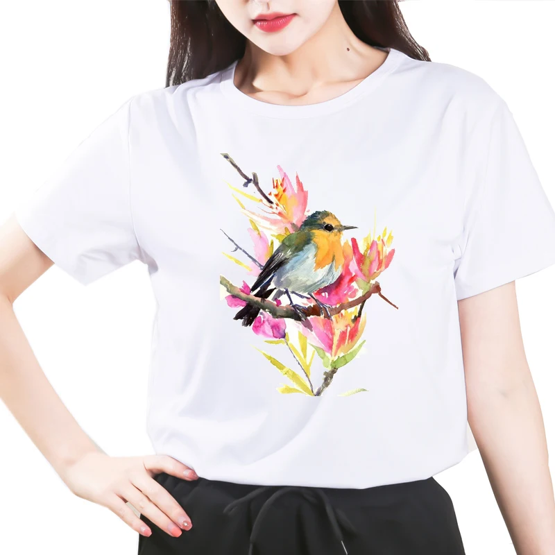 

Women tshirt 2021watercolor Cockatiel Parrot print tee shirt femme rainbow birds t- shirt streetwear summer top white t shirt