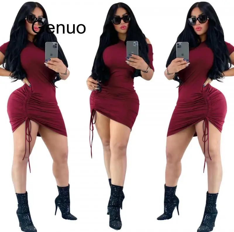 

2020 Summer Mini Dress Women O-Neck Short Sleeve Drawstring Bodycon Sexy Night Club Party Bandage Street Dresses 6 Colors