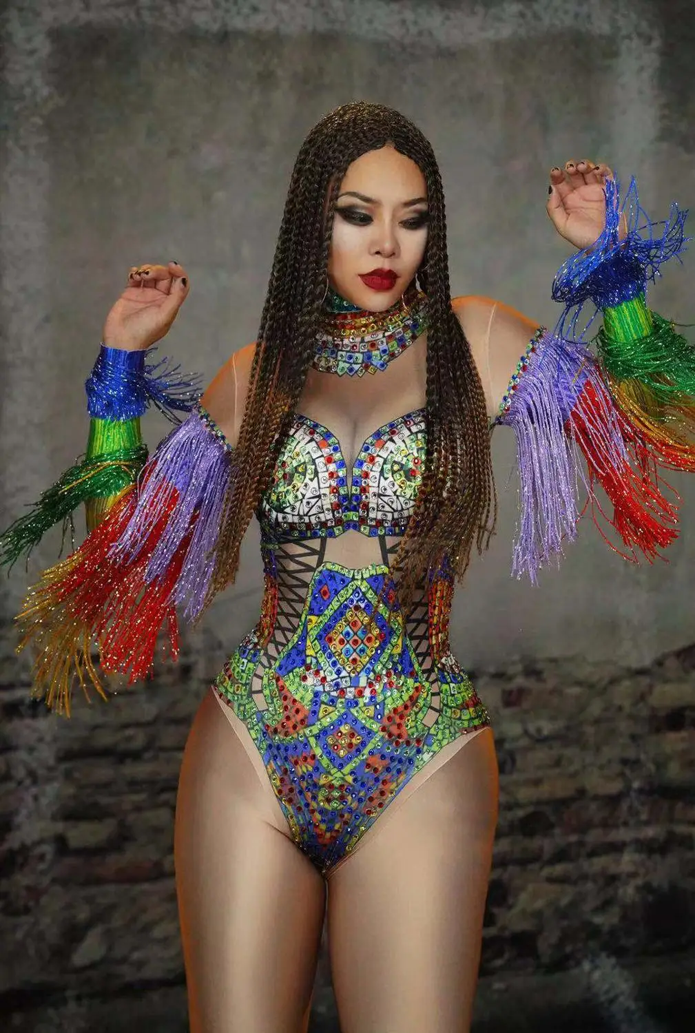 

New Design Rhinestones Tassel Sexy Bodycon Bodysuits Sparkly Performance Party Costumes Celebrity Wear