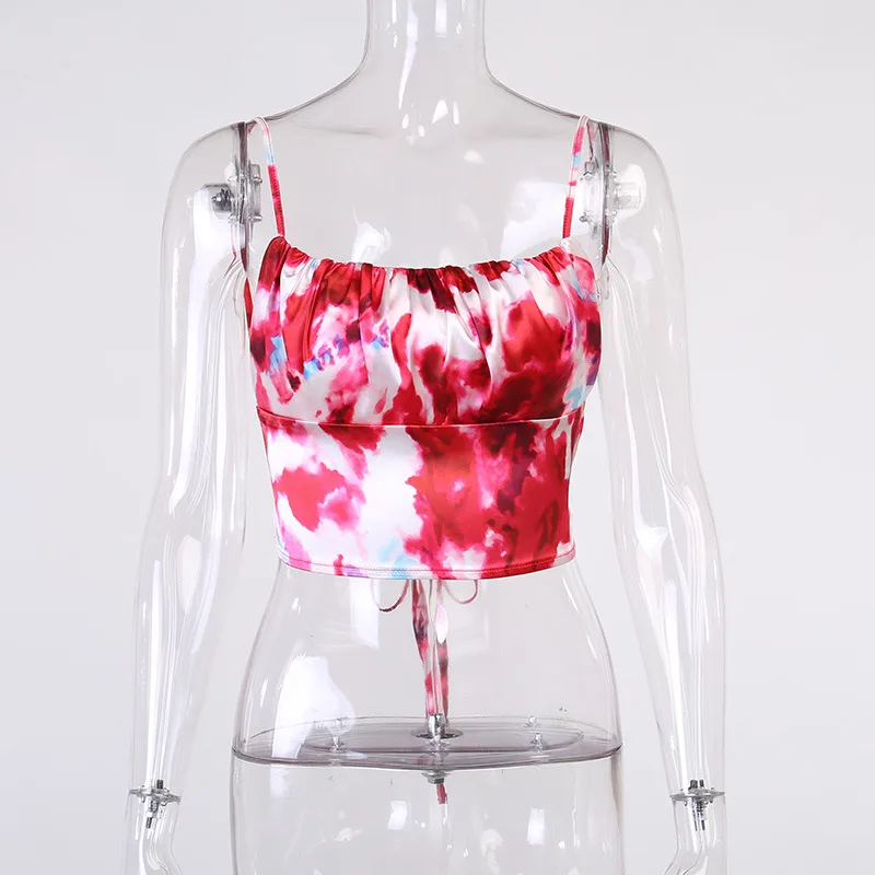 

KAISENDZ Women Sexy Camis Backless Tie Dye Ruched Cropped Top Summer Casual Streetwear Bandage Sleeveless Camisole Female Vest