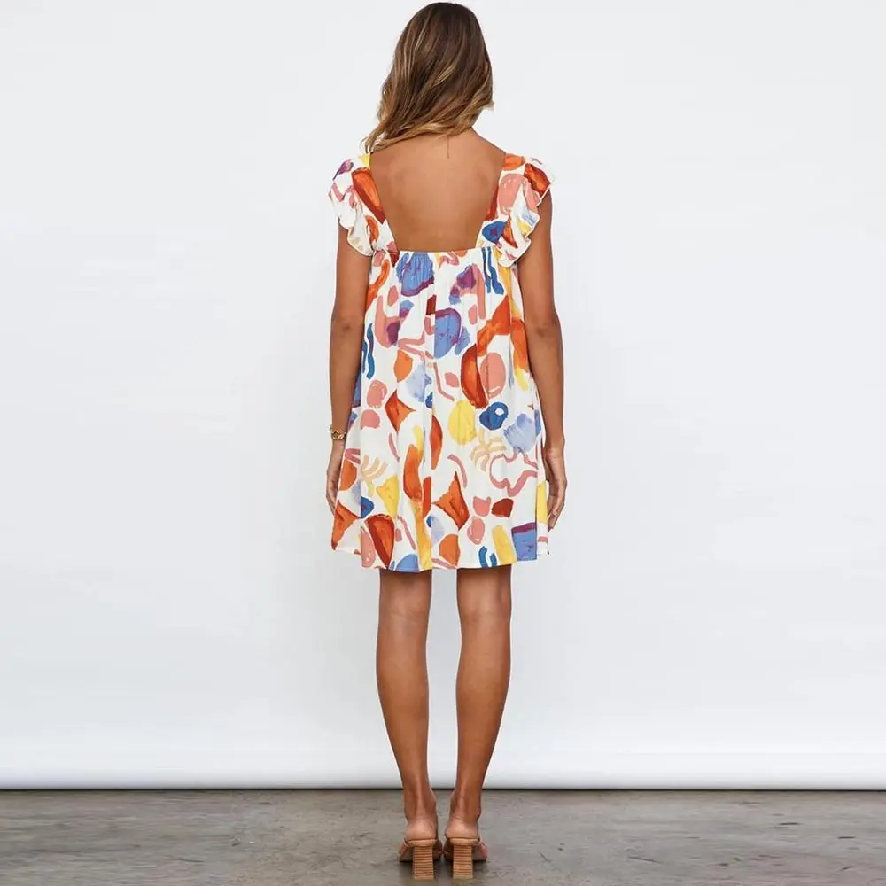 

Holiday Loose Print Women Dress Summer New Female Strap Mini Dresses Ruffled Sexy Beach Dress