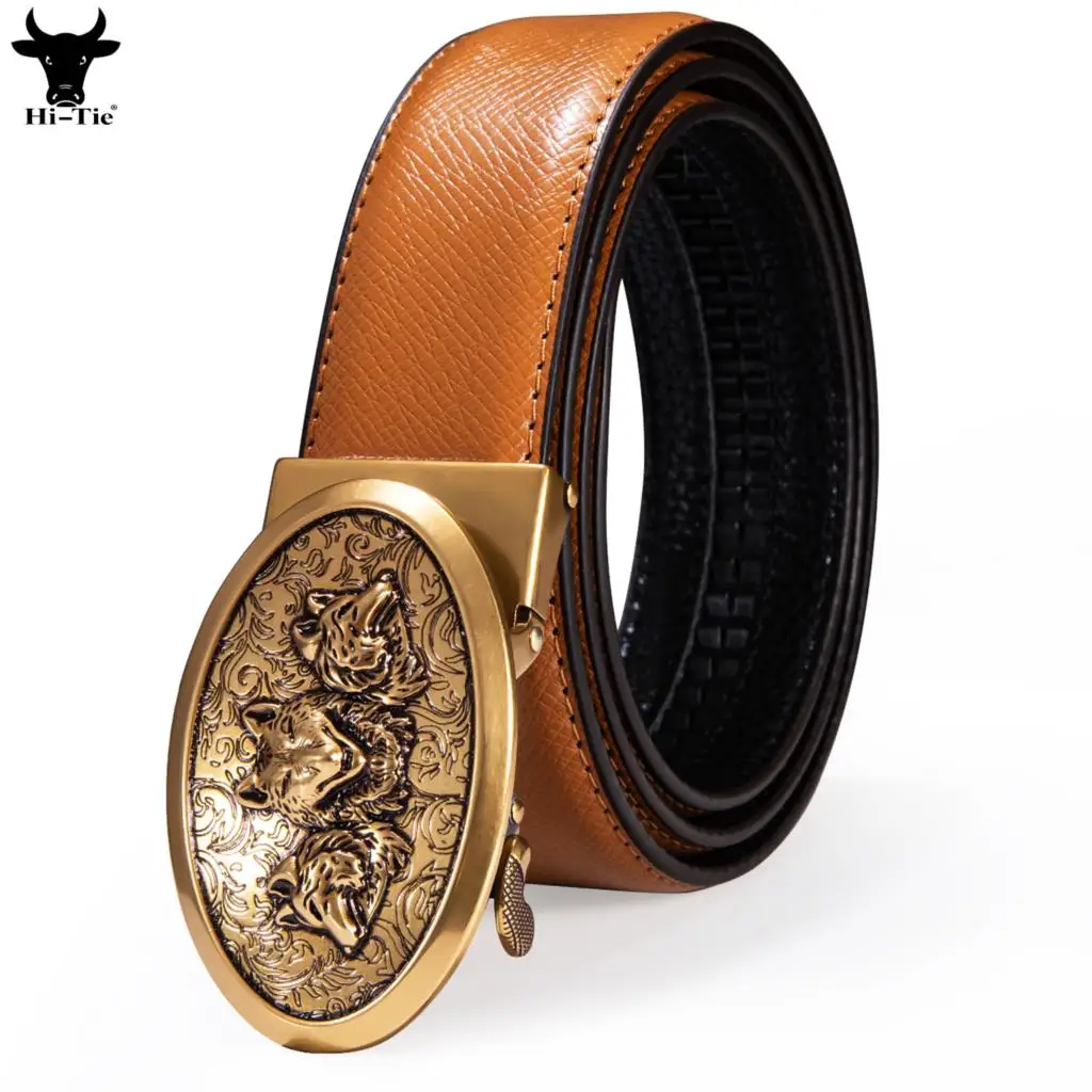 Hi-Tie Luxury Mens Belts Orange Genuine Leather Vintage Gold Woves Automatic Buckles Ratchet Waist Belt for Men Dress Jeans Gift