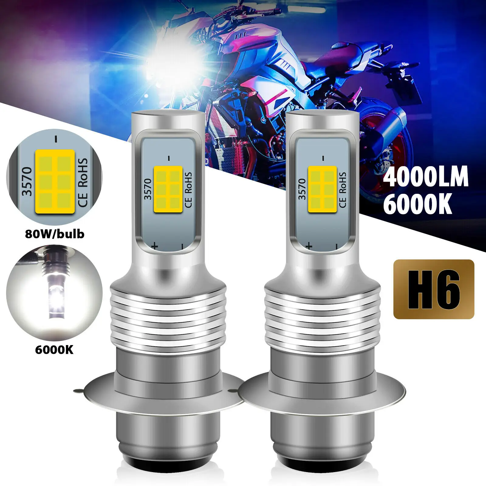 

2X H6 6000K White LED Headlight Fog Bulbs Kit For Honda Sportrax TRX400EX 99-08