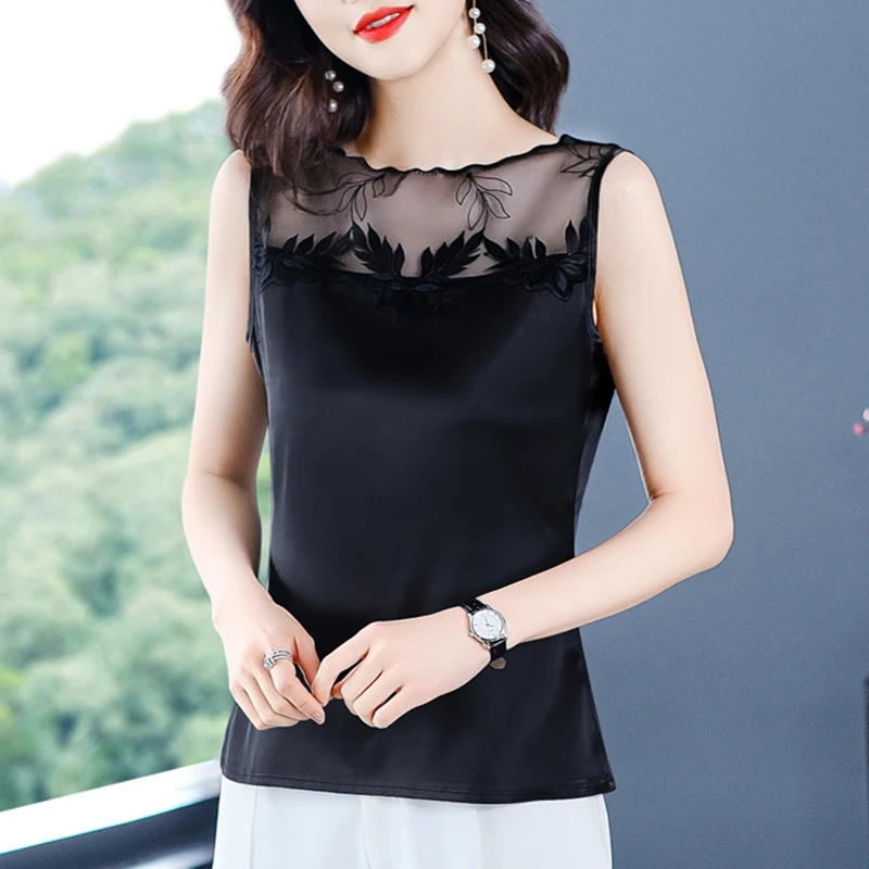 Майка женская шелковая атласная офисный кружевной топ в Корейском стиле