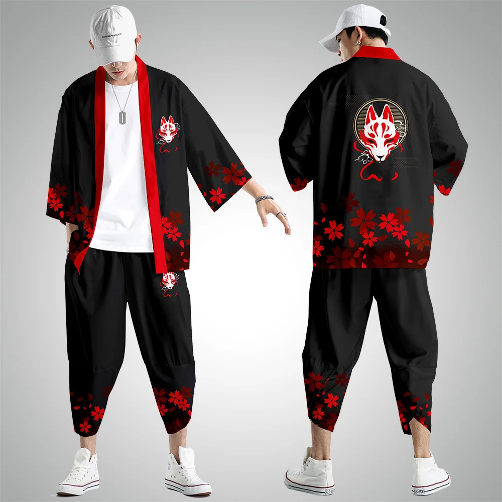 

Men Black Fox Print Kimono Cardigan Set Male Yukata Samurai Clothing Casual Loose Streetwear Jacket Pant Pant Suit XS-6XL