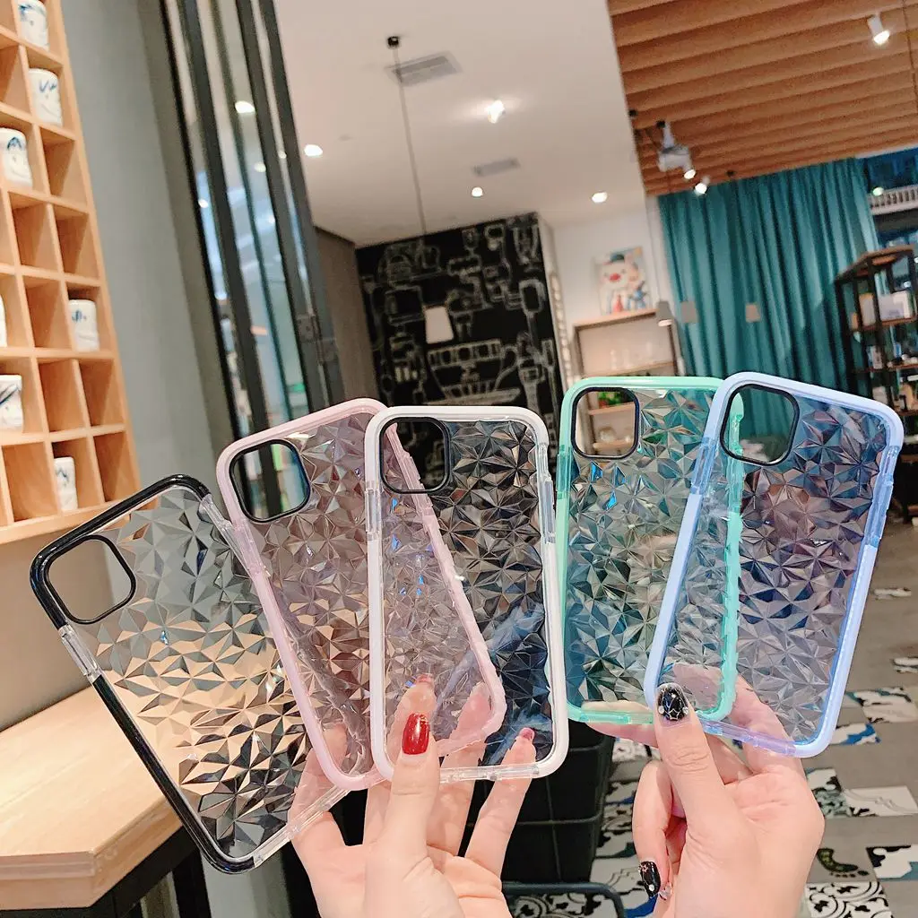 

Transparent Case for iPhone 12 mini 11 Pro Max XR X 7 8 Plus Soft TPU Diamond Pattern Back Cover Full-Body Rugged Bumper XS Capa