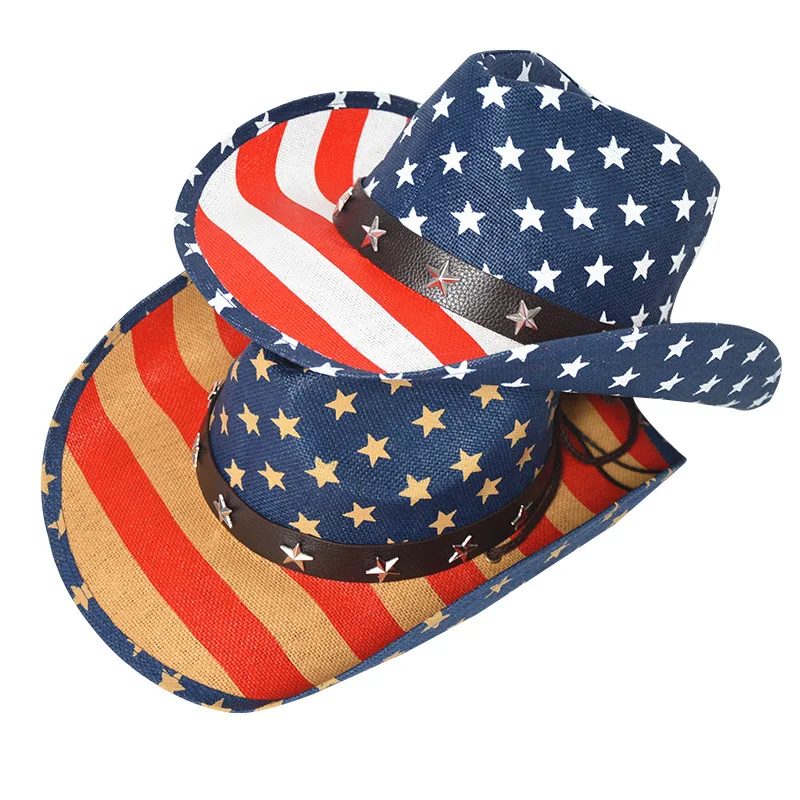 

American Flag Cowboy Hat Fedoras For Men Belt Unisex Panama Church Hat Wide Brim Fedoras Jazz Cap Autumn Winter Hat Panama 2021