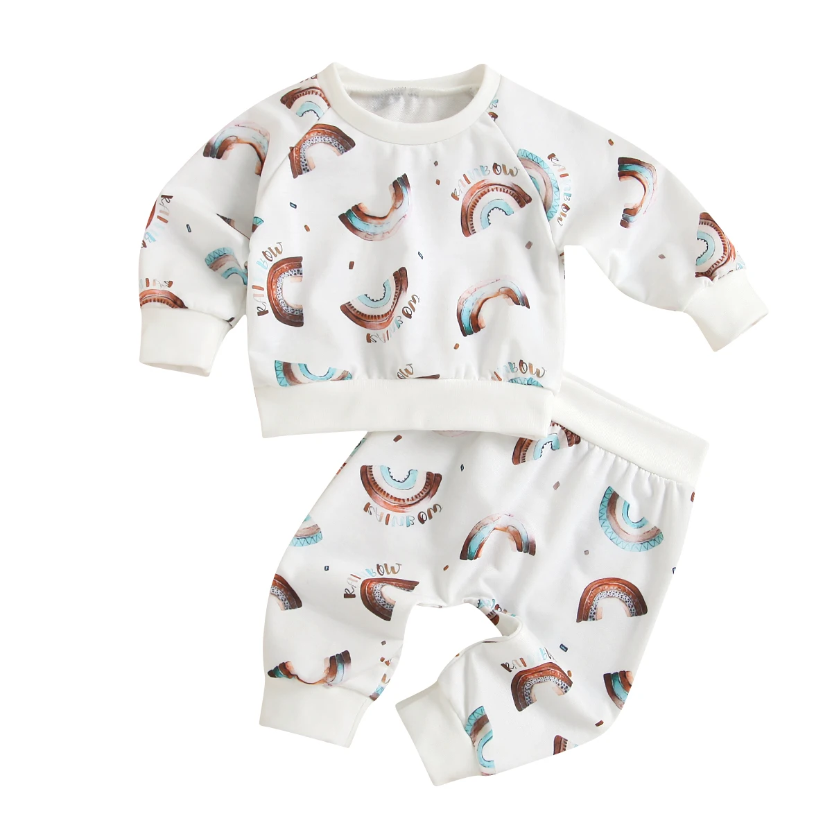 

Hot Sell 2 Pieces Kids Suit Set Rainbow Print Round Neck Long Sleeve Pullover+ Long Pants for Toddler Girls, 3-24 Months Autumn