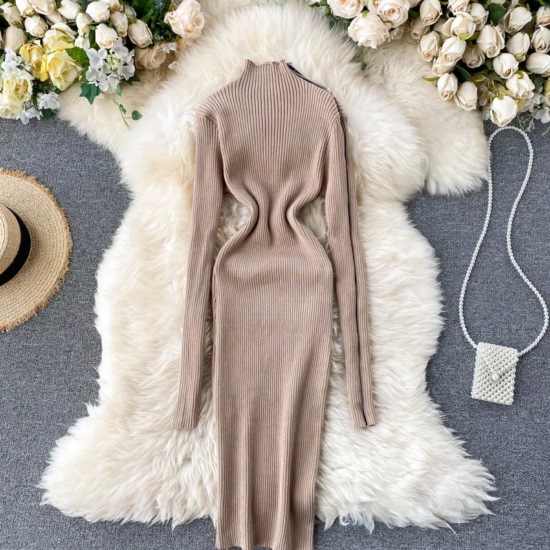 Женское платье-свитер SINGRAIN с высоким воротником модное трикотажное платье на