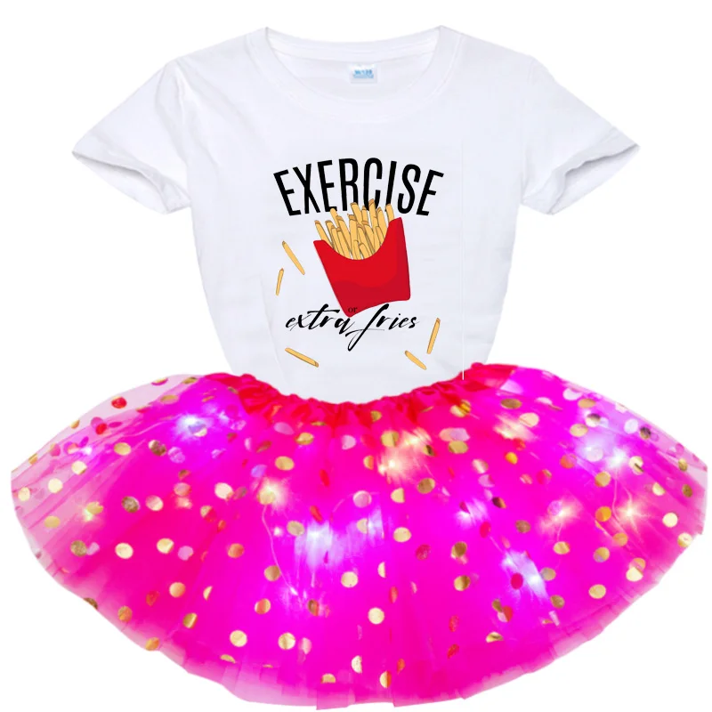 

Girls Shiny Dress Kids Cartoon French Fries Glowing Dresses for Girls Party Princess Dress Children Clothing T Shirt+Skirts Sets