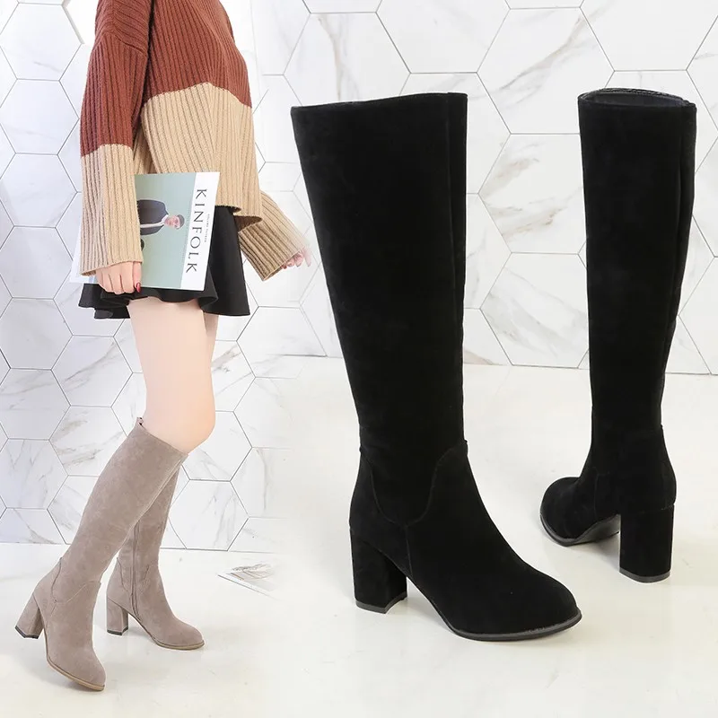 

Cool women's wide-leg knight boots mid-heel women's pull-on knee-length flocking over-the-knee women's high-heeled shoes long 43