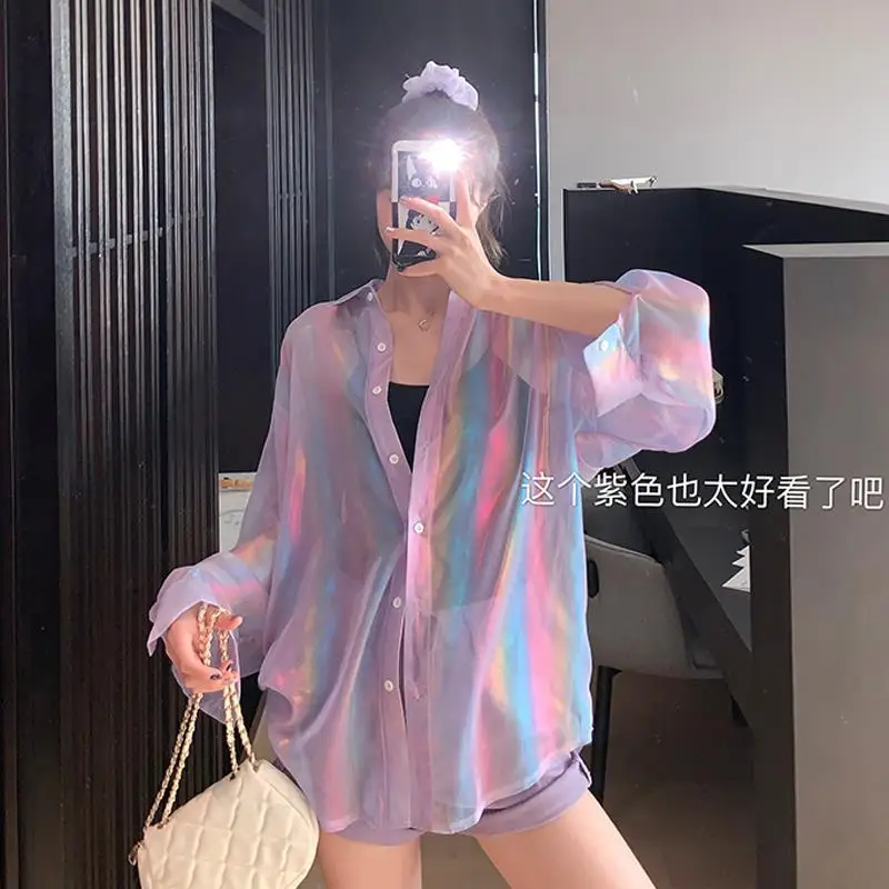 

Summer Mermaid Ji Flash Sun-Proof Clothing Korean-Style Loose Shirt Female Students All-match Slim Mid-Length Shirt