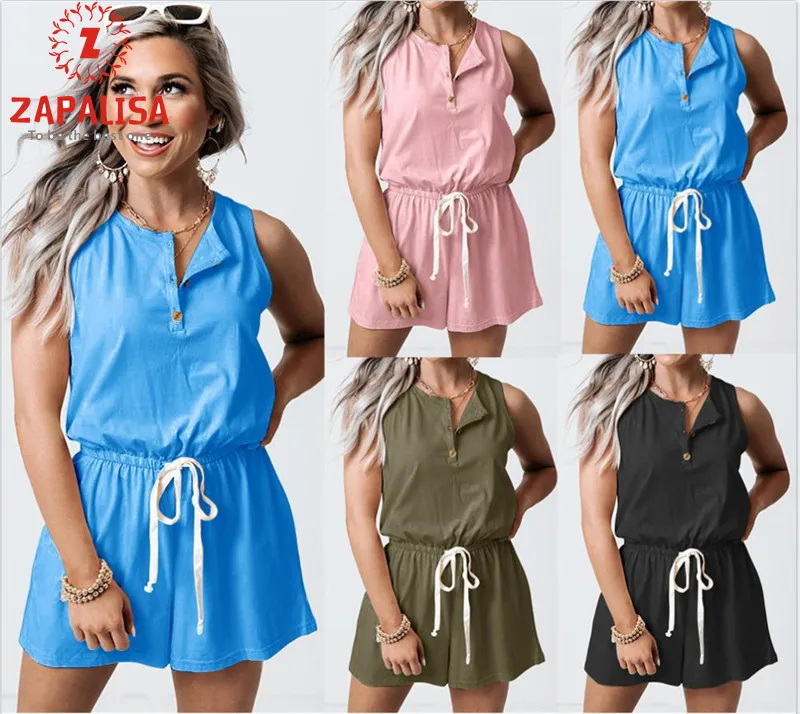 

Fashion Women Summer Solid Color Playsuits Drawstring Design Pockets Button Decor O-Neck Sleeve High Waist Casual Jumpsuits