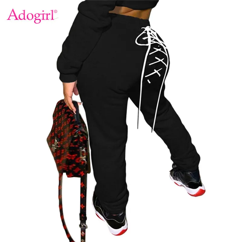 

Adogirl Women Grommet Lace Up Sweat Pants Fashion Casual Jogging Active Trousers